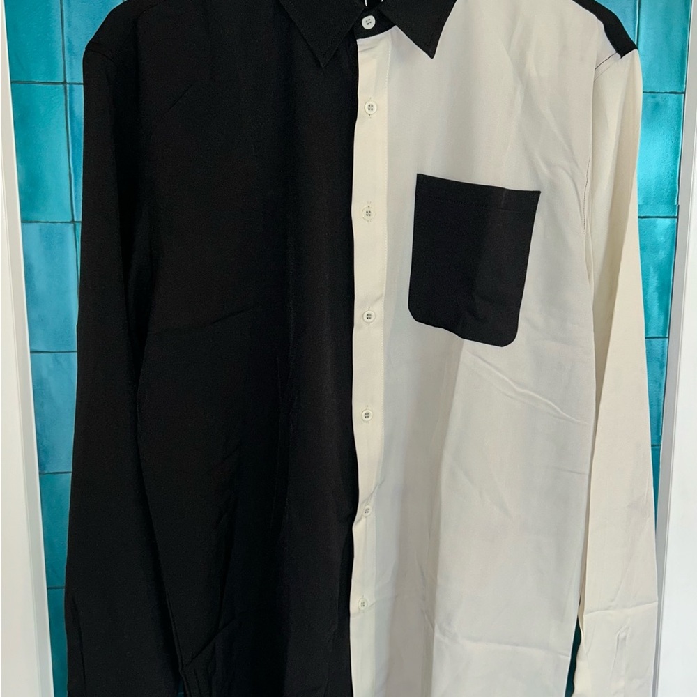 Black and White Colorblock Men's 2 Piece Outfit with Button-Up Shirt & Pants